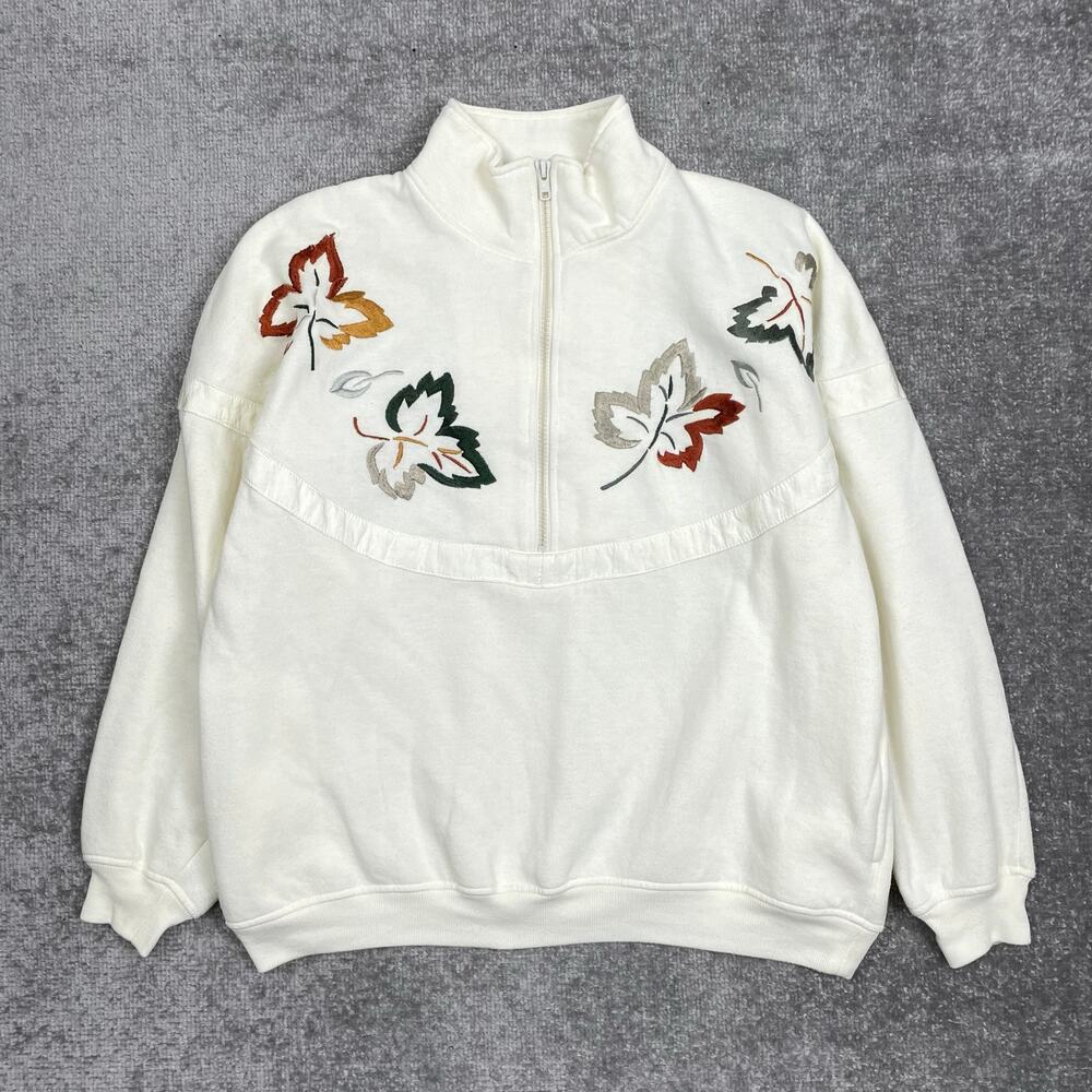 y2k Vintage Chinawear Embroidered Sweatshirt Womens L Ivory Leaf Autumn 1/4 Zip